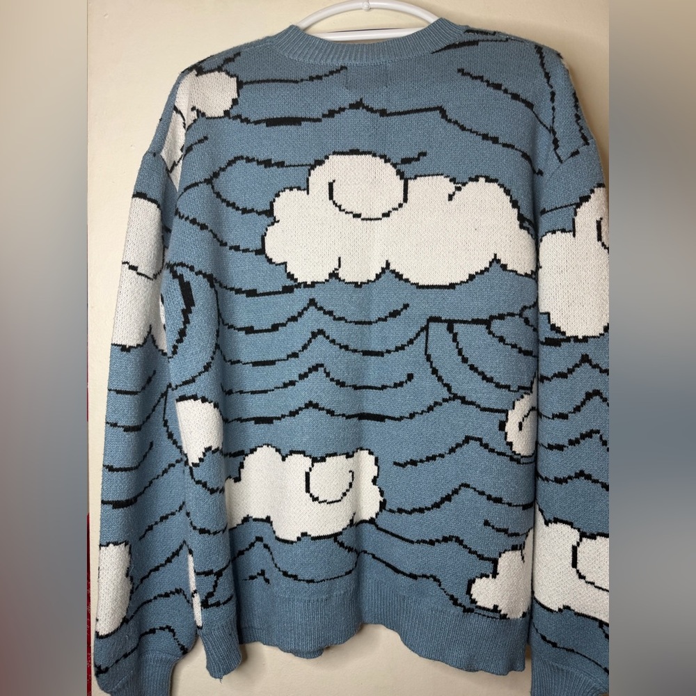 Steady Hands Cloud Pattern Cardigan Sweater Blue White M/L Cozy Indie Knit - Picture 5 of 10